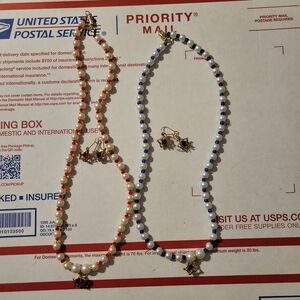 2ct Elegant Red and Blue Beaded Necklace Set